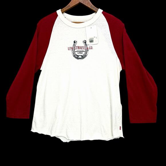 Levi’s Womens Horseshoe Logo Baseball Tee White Red Raglan 3/4 Sleeve Sz S - Picture 1 of 9